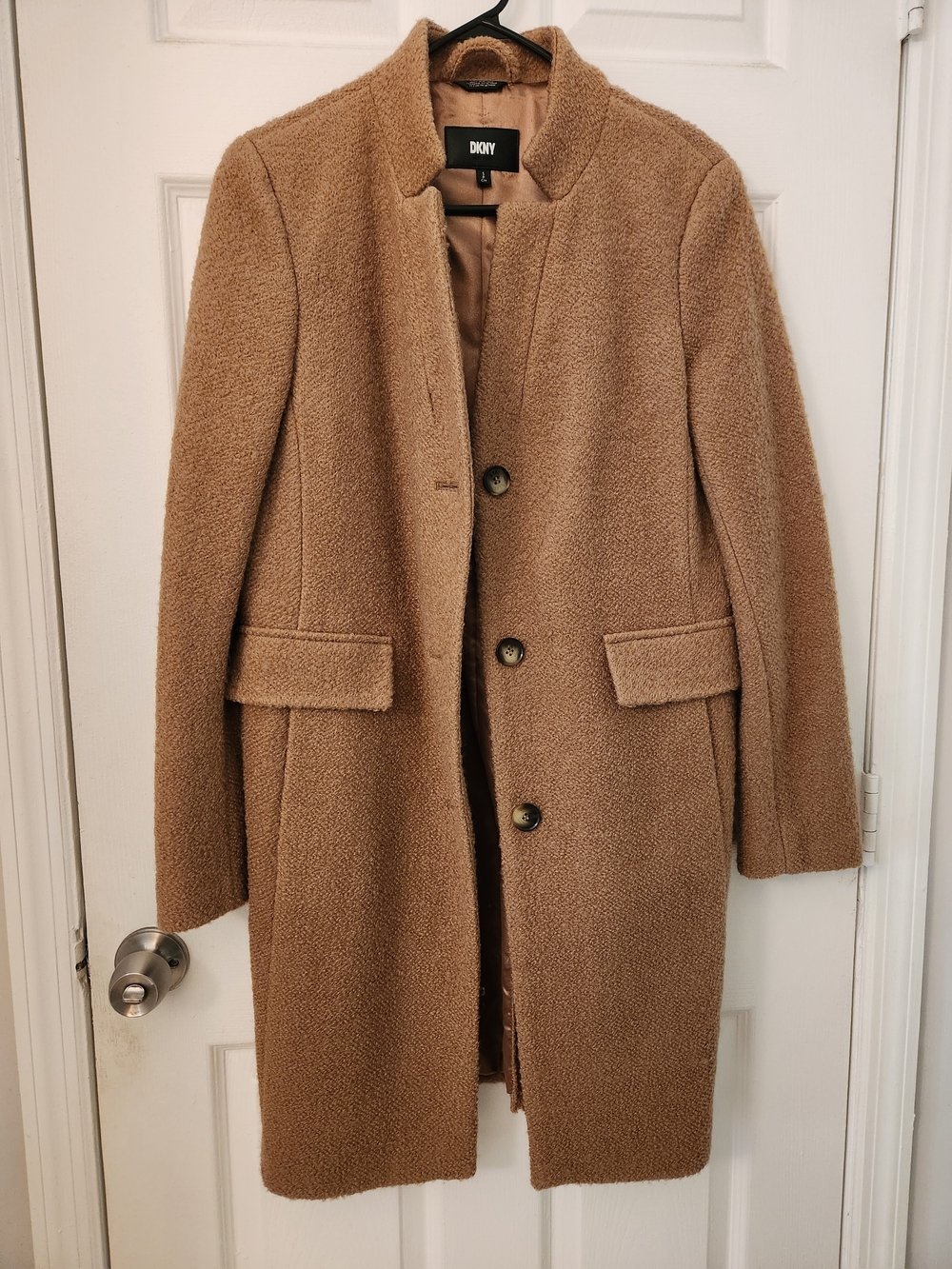 DKNY Camel Wool-Blend Textured Single-Breasted Pea Coat